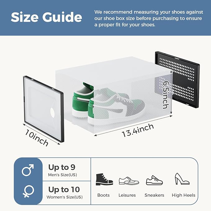 DUMOS Stackable Shoe Storage Boxes, 12-Pack Plastic Shoe Organizers with Lids, Large Shoe Rack & Holder for Closet, Under Bed, Entryway, Sneaker Display and Storage Containers, Black