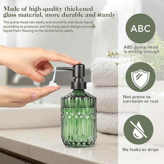 6 Pack Glass Soap Dispenser with Pump 15.2 oz Refillable Liquid Hand Soap Dish Soap Dispensers Vintage Soap Dispenser Liquid Bottle for Kitchen Sink Bathroom Counter(Green,Black Pump Head)