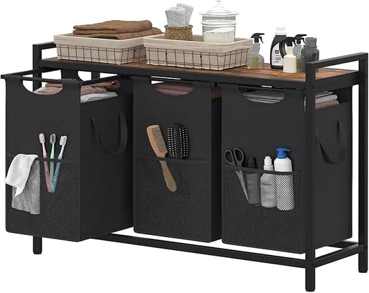 Heybly Laundry Hampers, 3 × 15 Gal (171 L) Laundry Basket with Large Desktop Sorter for Laundry Room Organization, Bathroom and Dorm Laundry Bags on Storage Shelf, Rustic Brown HLH003SR