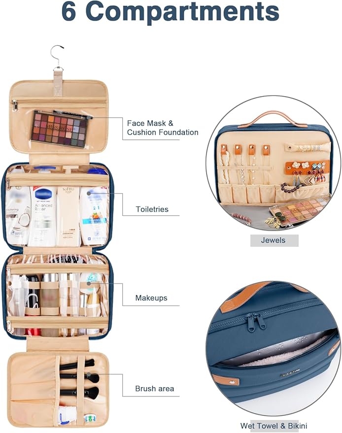 Women's Hanging Toiletry Bag, Waterproof Travel Cosmetic Organizer with Jewelry Storage, Large Capacity Makeup Case for Full-Size Skincare & Bathroom Essentials, Portable Cosmetic kit, Navy