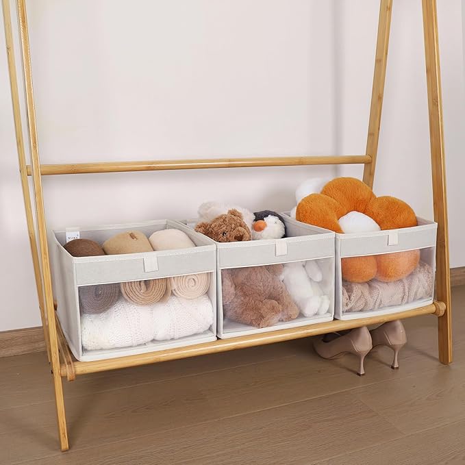 WUIKE 3 Pack Medium Storage Bins with Clear Window, Fabric Storage Bins for Home and Closet Organization, Beige