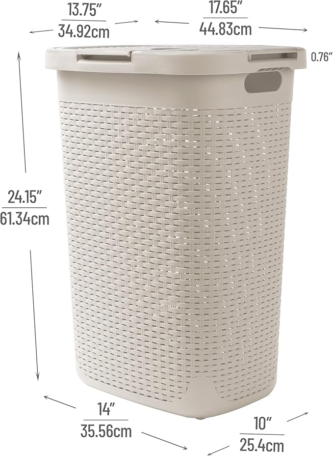 Mind Reader Slim Laundry Hamper with Lid, 60L Clothes Basket, Premium Wicker Design, Plastic, Ivory