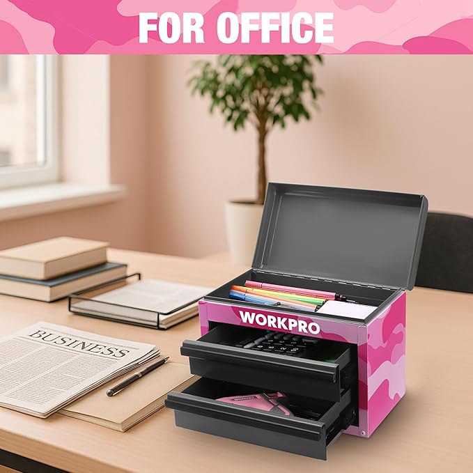 WORKPRO Metal Mini Tool Box, Top Tool Chest containing Two Drawers with Ball Bearing Slides, PVC Drawer Liners and PP Feet Pads, Cold Rolled Steel Small Toolbox for Multi-Purpose Storage - Pink Ribbon