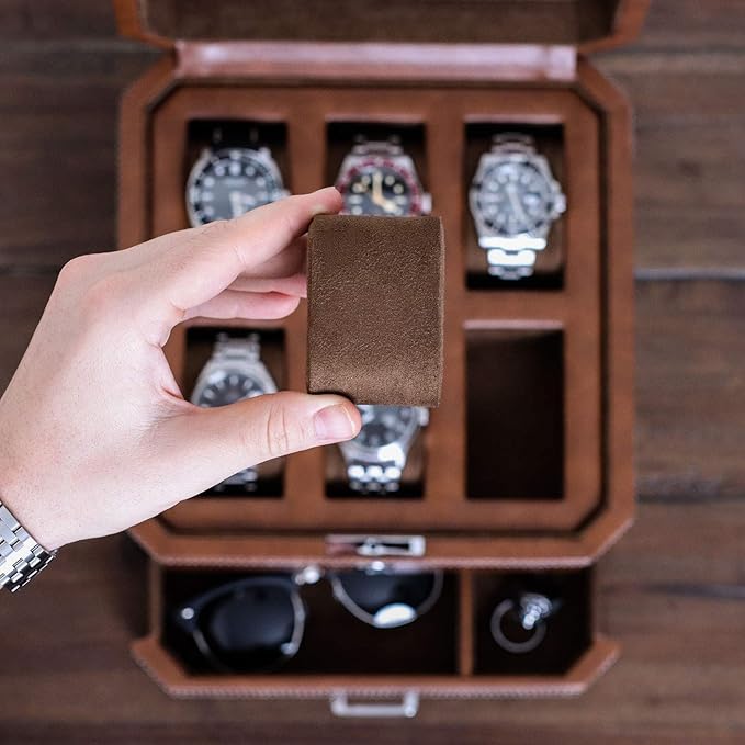 ROTHWELL 6 Slot Leather Watch Box with Valet Drawer - Luxury Case Display Organizer, Microsuede Liner, Locking Mens Jewelry Watches Holder, Men's Watch Storage Large Glass Top (Tan/Brown)
