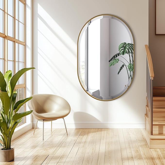 POZINO Oval Mirror Over Sink, Brushed Gold Beveled Mirror, 24"x36" Bathroom Vanity Mirrors with Stainless Steel Frame, Brass Oblong Wall Mirrors for Bedroom Living Room, Hangs Horizontal Or Vertical
