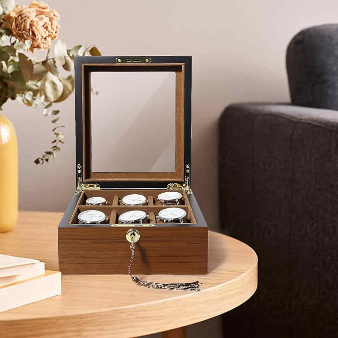 Uten Watch Box with 6 Slots, Watch Case Organizer with Golden Lock and Key, Wooden Watch Display Storage Box with Removable Watch Cushions, Velvet Lining, Metal Clasp