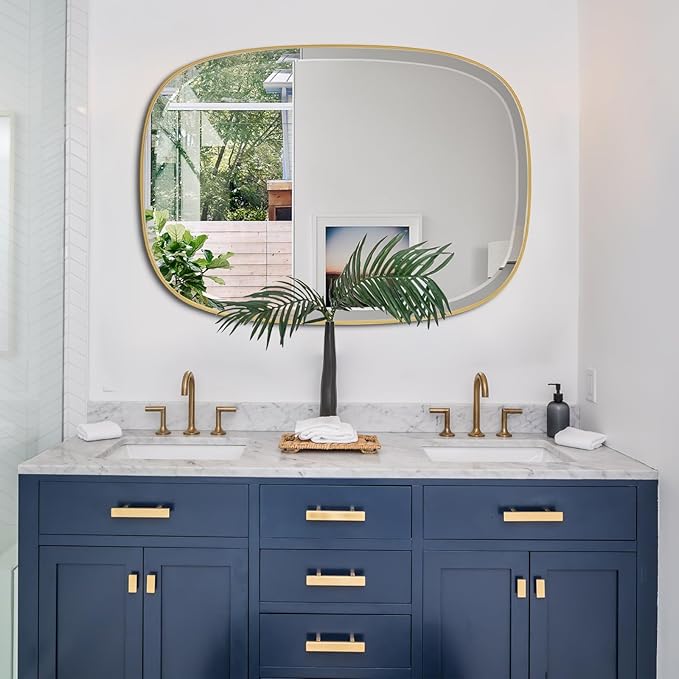POZINO Gold Bathroom Mirror, 24"x32" Brass Rounded Rectangle Mirrors, Brushed Beveled Mirrors for Over Sink, Modern Vanity Wall Mirror in Premium Stainless Steel Frame Hangs Horizontal Or Vertical