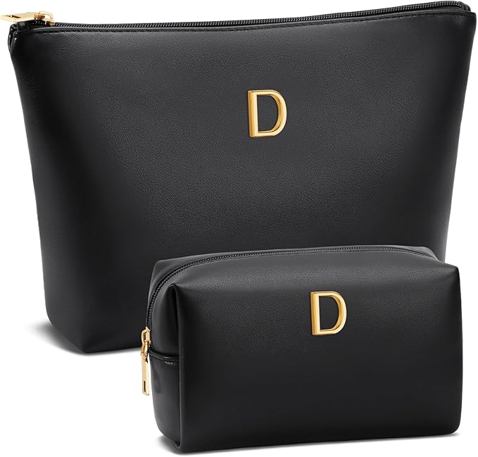 Valentine's Day Gifts for Women Girlfriend Initial Makeup Bag for Teen Girls Personalized Gifts for Friend Teacher Mom Wife Cosmetic Travel Toiletry Bag(Black,D)