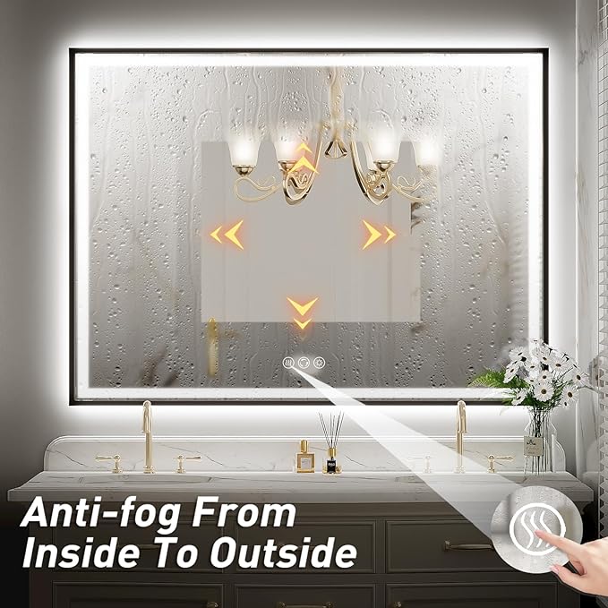 48x30 Inch LED Bathroom Mirror with Lights,Frontlit & Backlit Black Metal Frame Mirror,Wall Mounted Lighted Vanity Mirrors,Double Lights Strips,Anti Fog Dimmable & 3000K-6000K