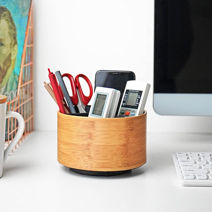 Hennaja Round Leather Art Supply Organizer,Remote Control Holder,360 Degree Spinning,Multi-Functional Pencil Holder,4 Compartments Desktop Stationary Organizer(1-Beige2)