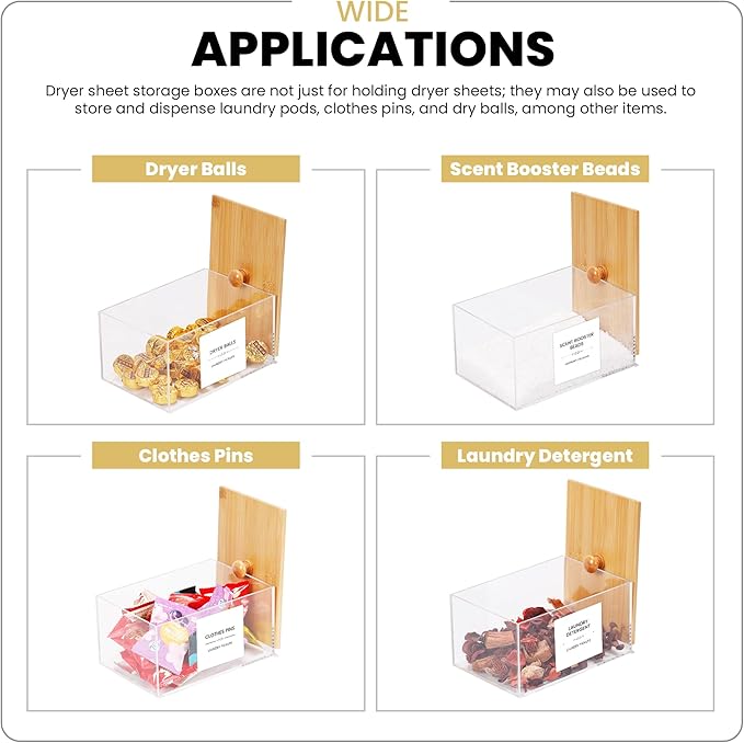 Dryer Sheet Holder with 30 waterproof Labels, Acrylic made tissue box holder, Acrylic Container Storage Box for Laundry Room Organization, Holds Sheets, Balls, Clothes Pins, Laundry Pods