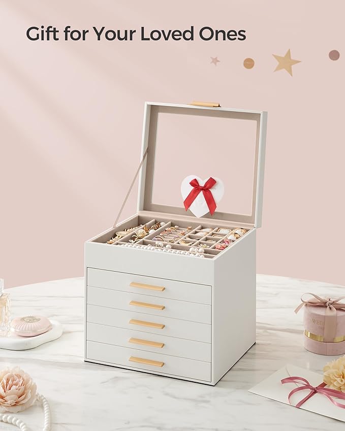 SONGMICS Jewelry Box Organizer with Glass Lid, 6-Layer Jewelry Storage, with 5 Drawers, Modern Style, 8 x 9.1 x 9 Inches, Cloud White and Gold Color UJBC176W01