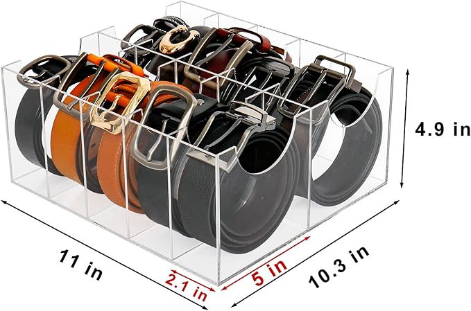 Belt Organizer, Acrylic Belt Storage Holder for Closet and Drawer, 14 Compartments Belt Container for Checkroom, Clear Belt Divider Display Case