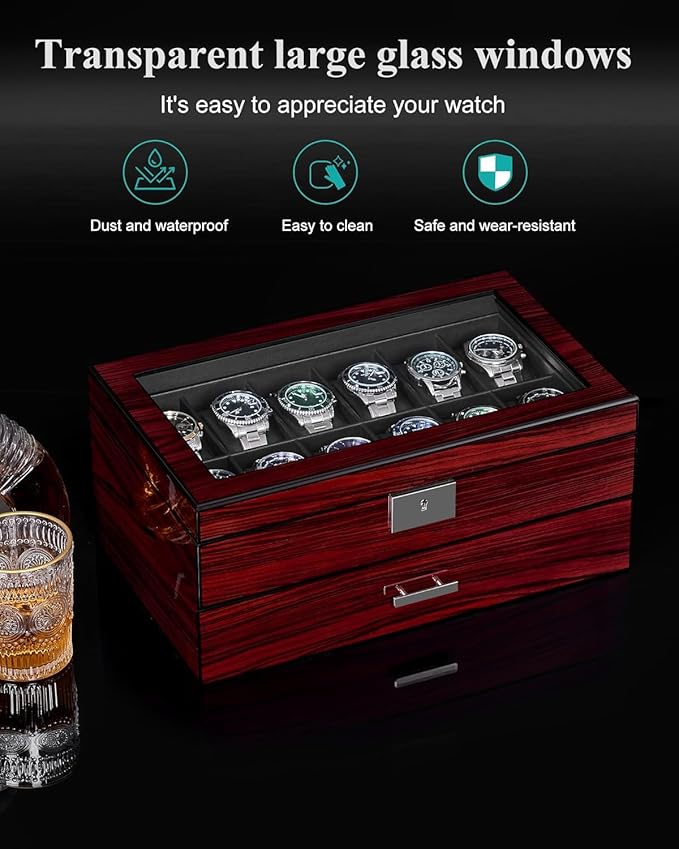 ANWBROAD Watch Box for Men, 12 slot Watch Cases with Glass Lid, 2-Layer Wooden Watch Display Case for Jewelry and Watch Organizer for Men Women, Ideal for Gifting with a Present Box, Lockable UJWB003Y