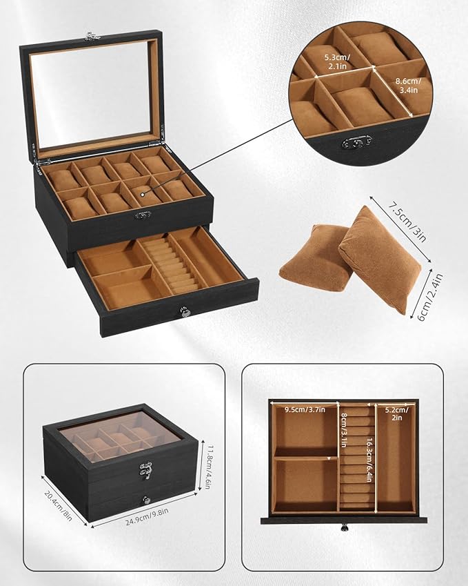 Uten 8-Slot Watch Box, 2-Layers Solid Wood Watch Display Case with Glass Lid, Watch Holder Organizer with Soft Pillow and Velvet Lining, Watch and Jewelry Storage Box