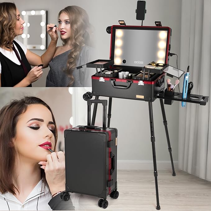 20" Aluminum Ligthed Makeup Train Case with LED Lights Professional Cosmetic Organizer Studio with Speaker, Wheels and Stands Rolling Trolley Makeup Vanity Station for Travel (Black)