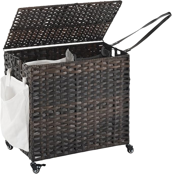Laundry Hamper with Wheels, 34.3 Gallon(130L) Rolling Laundry Basket with Lid, Removable Large 2 Color Liners & 3 Mesh Laundry Bags, Clothes Hamper with Side Pocket, Brown