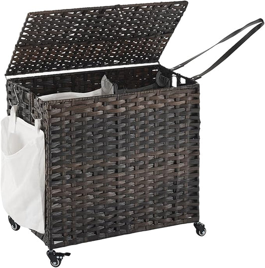 Laundry Hamper with Wheels, 34.3 Gallon(130L) Rolling Laundry Basket with Lid, Removable Large 2 Color Liners & 3 Mesh Laundry Bags, Clothes Hamper with Side Pocket, Brown