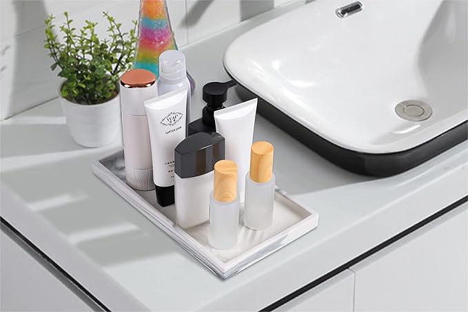 Marble Tray for Bathroom Counter Decor Ceramic Perfume Organizer Vanity Tray for Dresser Jewelry Dish Key Plate Rectangle Marble Sink Trays Countertop Organizer White,Large