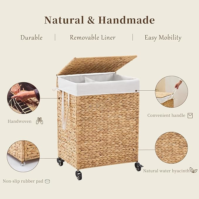 2-Section Laundry Hamper with Lid, Large Capacity Woven Natural Water Hyacinth Laundry Sorter with Removable Liners, Rolling or Non-Slip Design for Bedroom(Natural, 2-Section)