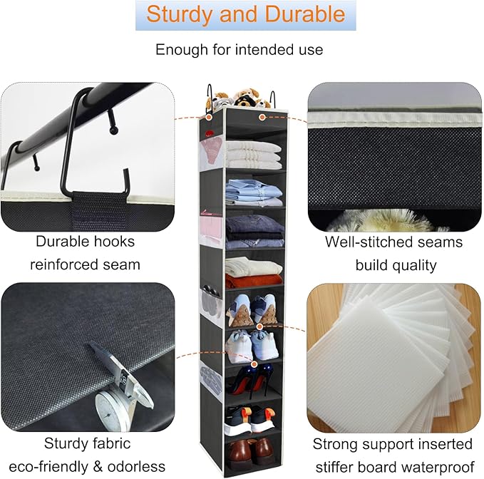 2 Pack Large-Sized Hanging Shoe Organizer 10-Shelf, Sturdy Hanging Closet Organizer with 8 Side Pockets, Wider Hanging Shelves for Storage Shoes Clothes Jeans Shirts Toys, Black