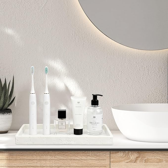 Artificial Travertine Tray, 12"x8" Perfume Tray for Bathroom Counter, Vanity, Home Organizer, Decorative Marble Trays for Perfume, Jewelry, Candles, Coffee, Rectangle, White