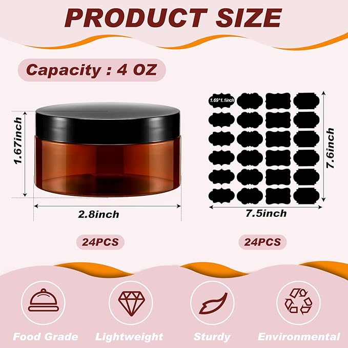 Dandat 24 Pcs 4 oz Plastic Jar Container with Lid and Label Refillable Empty Round Amber Pet Cosmetic Sample Slime Containers for Lotion, Cream, Ointments, Body Butter, Makeup, Travel Storage