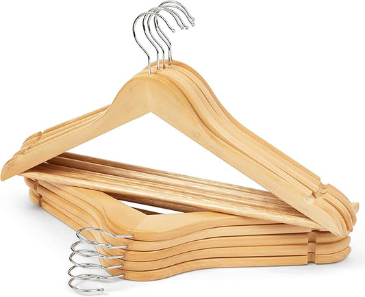 Wooden Clothes Hangers 10 Pack, Natural Wood Coat Hangers, Non-Slip Shoulder Grooves & Notches, 360° Swivel Chrome Hook, Space-Saving for Suits & Jackets, Closet Organizer - Hodge Home Essentials