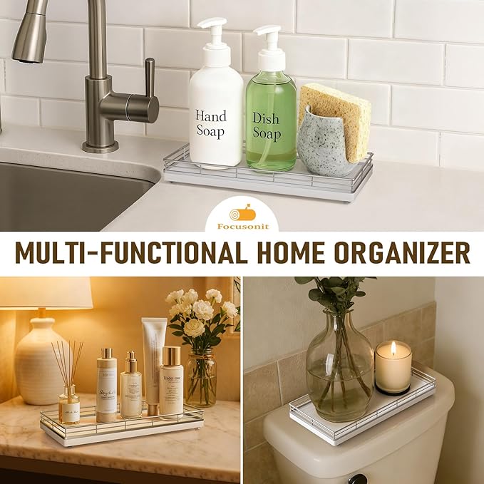 Bathroom Vanity Tray – 12" x 6" Oak Decorative Wooden Tray for Toilet Tank Organizer Wood Tray for Bathroom Countertop, Soap, Perfume & Accessories Storage, Vanity Dresser Decor, Sliver & White