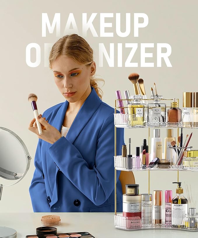 3-Tier Corner Bathroom Counter Organizer Makeup Cosmetic Storage, Tool-Free Installation Acrylic Vanity Shelf, Countertop Storage Organizers Perfume Tray for Bathroom, Dresser, Kitchen (Clear)