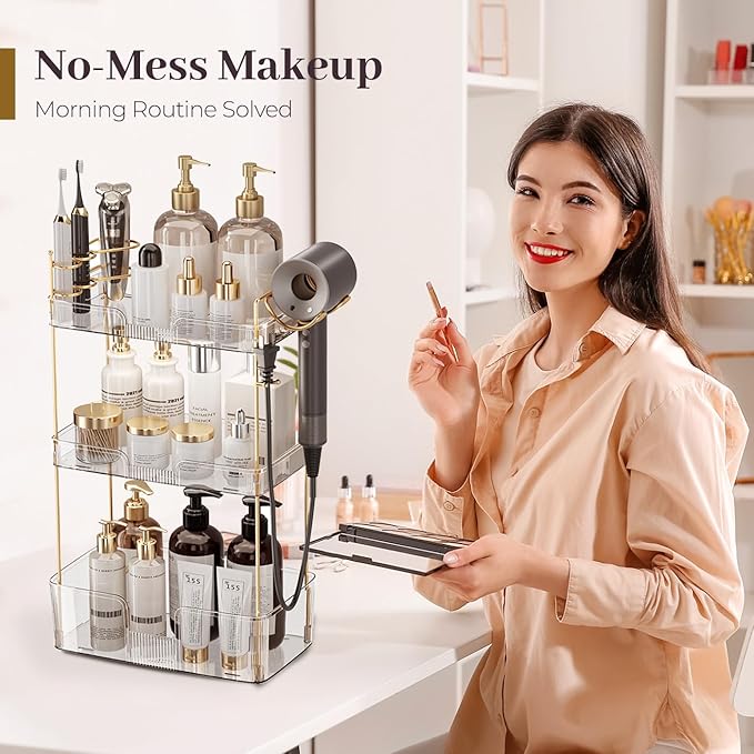 Bathroom Counter Organizer Countertop, 3 Tier Makeup Perfume Storage with Hair Dryer Rack and Toothbrush Holder, Cosmetic Tray for Vanity - Clear