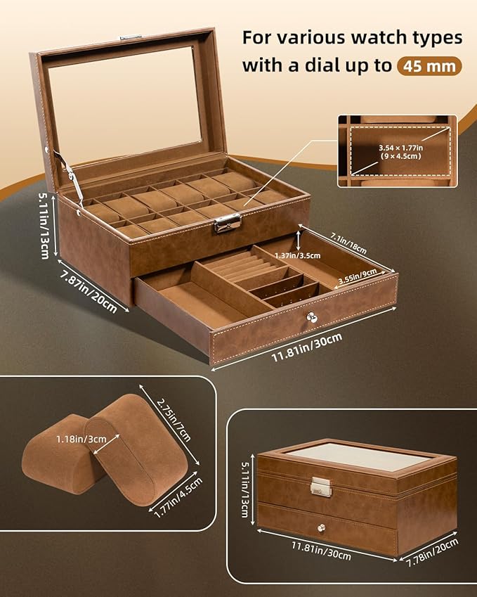 Uten 12-Slot Watch Box, 2-Layers PU Leather Watch Case with Glass Lid, Watch Holder Organizer with Soft Pillow and Velvet Lining, Watch and Jewelry Storage Box, Brown