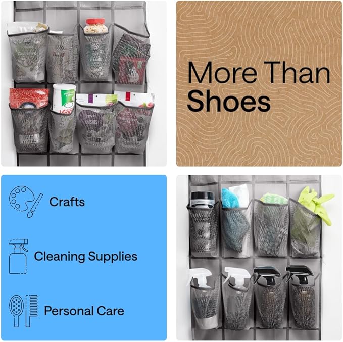 GORILLA GRIP Over the Door Shoe Organizer, 24 Extra Large Breathable Mesh Pockets, Space Saving Hanging Storage Holder, 4 Hook Closet Rack Hanger, Hangs on Closets for Shoes and Accessories, Gray