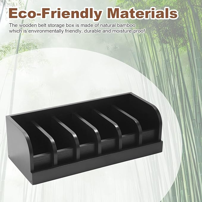 2 Pack Belt Organizer, 6 Compartment Bamboo Belt Organizer for Closet and Drawer, Display Case for Tie and Belt, Belt Holder Storage for Men Women, Black