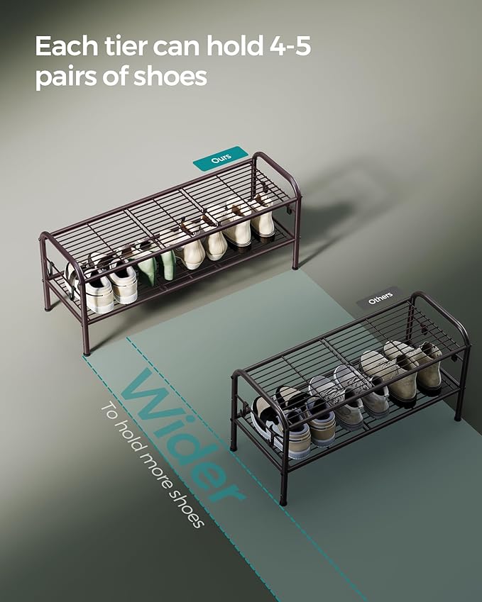 SONGMICS Shoe Rack, 2-Tier Shoe Organizer, Metal Shoe Shelf Storage with 4 Side Hooks, Holds 10 Pairs of Shoes, Height-Adjustable Shoe Rack for Entryway, Hallway, Closet, Chestnut Brown ULMR128A01