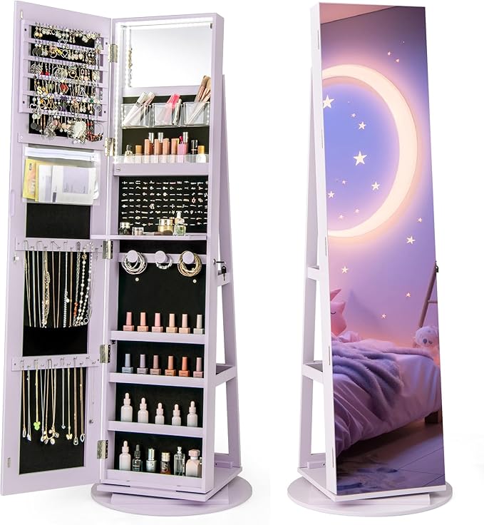 CHARMAID 360° Swivel Jewelry Armoire with Full Length Mirror, Rear Storage Shelves, Lockable Standing Jewelry Cabinet Organizer with Interior Vanity Mirror and 3-Color Lights (Lavender)