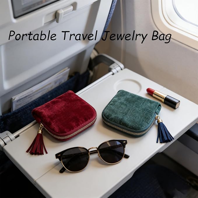 2-Pack Velvet Jewelry Organizer Case - Travel Zipper Pouch with Tassel, 6-Layer Storage for Bracelets, Bangles & Accessories (Red + Navy Blue)