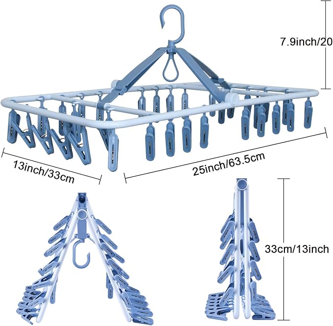 Foldable Clip Hangers Blue with 32Pcs Drying Clips Wind-Proof Hook for Underwear Socks Bras Lingerie Clothes
