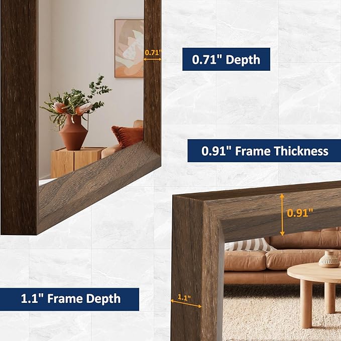 WEER Bathroom Mirror, 22x30 Inch Wall Mirror, Walnut Wood Grain Framed Mirror, Rectangle Vanity Mirror, Tempered Glass, Anti-Rust, Hangs Horizontally or Vertically