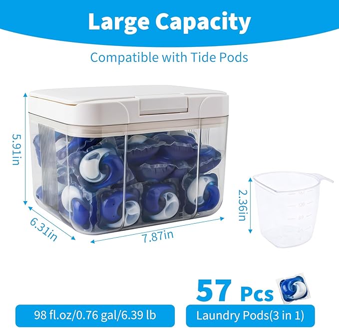 Laundry Pod Holder Compatible with Tide - Pod Storage Container, 98 fl oz/2.9L Powder Containers with Pop up Lid and Scoop, Laundry Room Storage Organizer for Pods and Scent Booster Beads