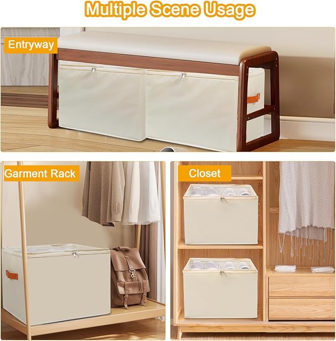 Shoe Organizer for Closet 2 PCS Foldable Shoe Storage Organizer with Clear Cover, Fits up to12 pairs Shoes Organizer Box Bin With Bottom Support (Beige)