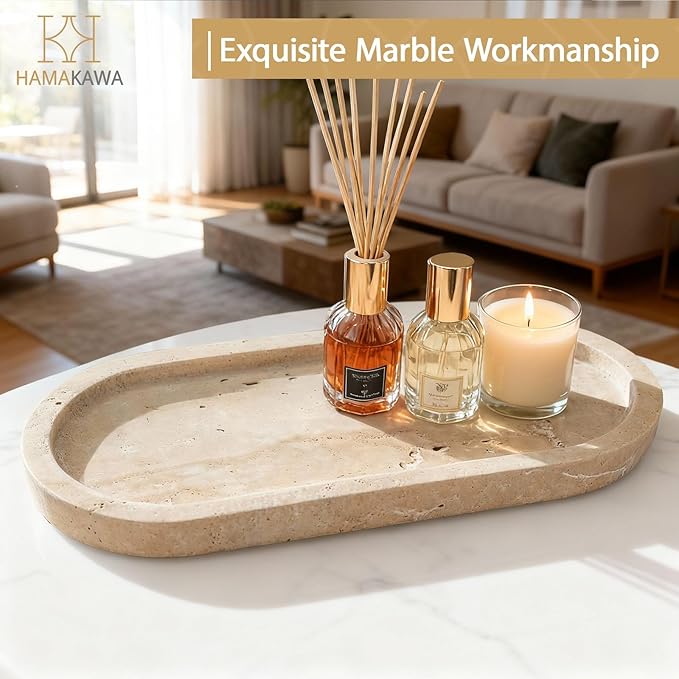 Bathroom Vanity Tray, Natural Marble Oval Sink Tray 10 inch, Beige Travertine Vanity Tray for Soap Dispenser Modern Countertop Organizer for Kitchen Countertops, Home Decor