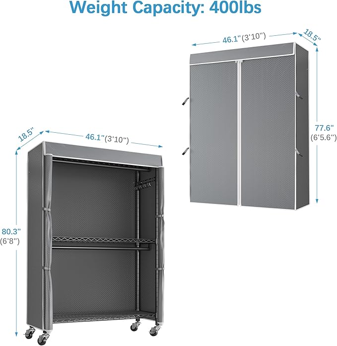 VIPEK R2C Plus Heavy Duty Rolling Garment Rack with Cover Clothing Racks for Hanging Clothes Portable Closets with Adjustable 3 Wire Shelves, Double Rods, Black Rack with Grey Upgraded Polyester Cover