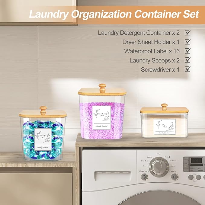 3 Pack Plastic Laundry Pods Container & Dryer Sheet Holder, Laundry Room Organization and Storage Jars with Lids, Scoops & Labels for Detergent, Powder, Scent Booster