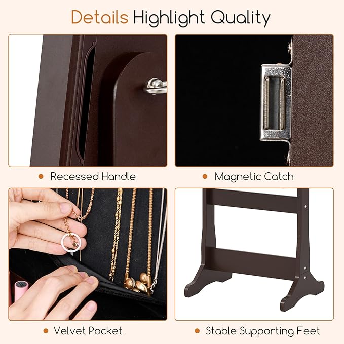 Giantex 2 LEDs Standing Jewelry Cabinet with Full Length Mirror, Lockable Mirrored Jewelry Armoire with 2 Drawers, 4 Adjustable Angles, Jewelry Storage Organizer, Brown