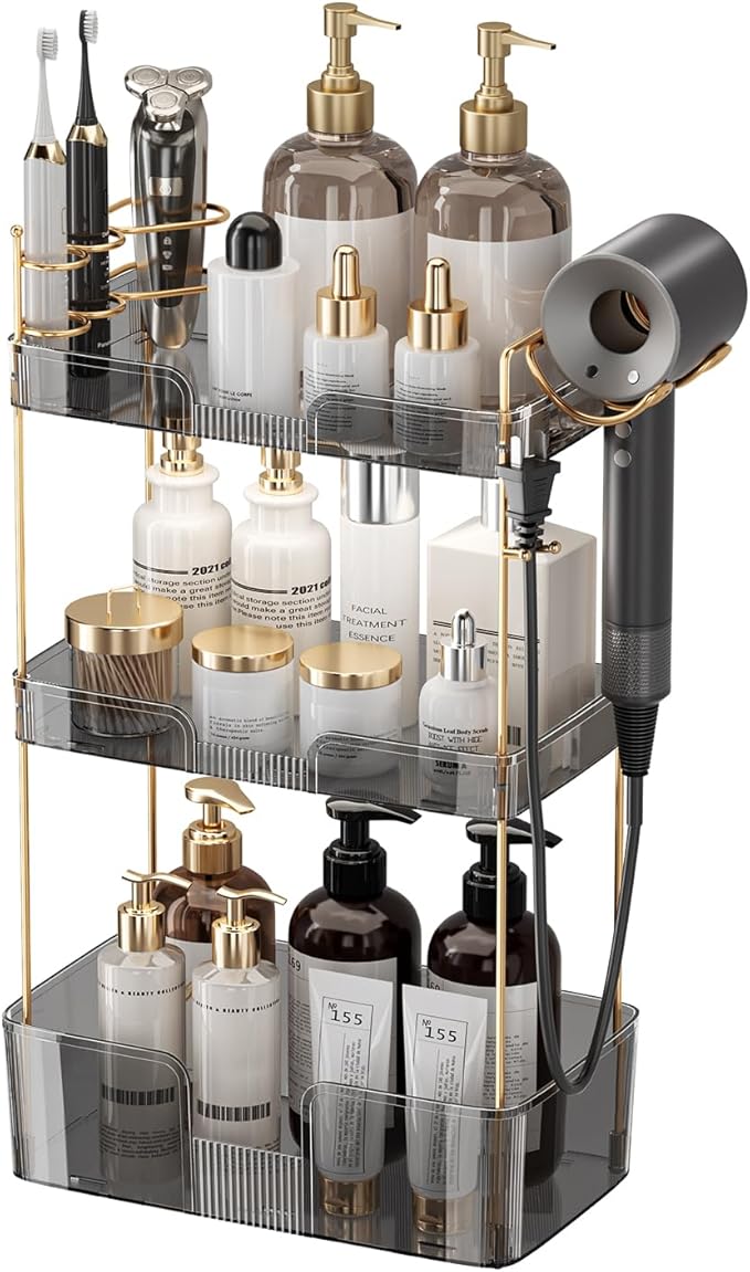 YCIA&DONE Bathroom Counter Organizer, Large Makeup Organizer Countertop, Shelf Storage, Vanity Tray, Easily Assemble for Bathroom Organizers and Storage, Undersink, Cabinet, 3 Tiers Grey