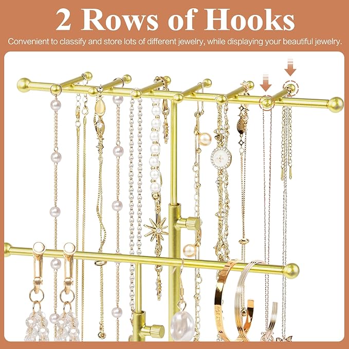 Jewelry Earring Holder Organizer, Adjustable 5 Tiers Rotating Earring Holder 3 Tier Necklace Holder with Wooden Base, Multi-Functional Jewelry Organizer Display Stand for Studs Bracelet Women(Gold)