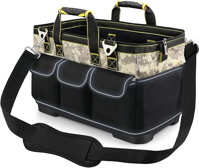 15 Inch Open Top Tool Tote Bag with Hard Bottom, Waterproof Electrician Tool Tote, Wide Mouth Tool Organizer with 15 Pockets, Heavy Duty Molded Base, Reflective Tool Bag for Men
