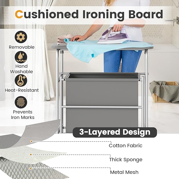 Giantex Laundry Sorter with Foldable Ironing Board, 3 Section Tilt Out Laundry Hamper with Removable Bags, Heavy-Duty Rolling Laundry Cart with Lockable Wheels for Bathroom Bedroom, Grey