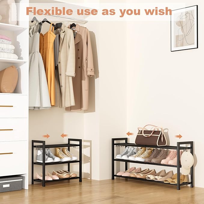 Adjustable 18"-33" Expandable Shoe Rack for Closet 12 Pairs Small Spaces 3 Tier Shoe Organizer with 5 Hooks Metal Shoe Shelf for Entryway, Bedroom